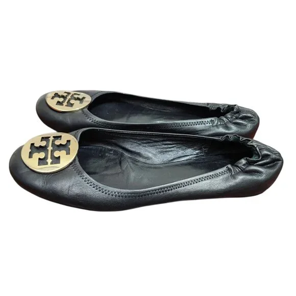Tory Burch Reva Black Leather Ballet Flats Gold Logo Medallion Size 11 - Picture 6 of 10